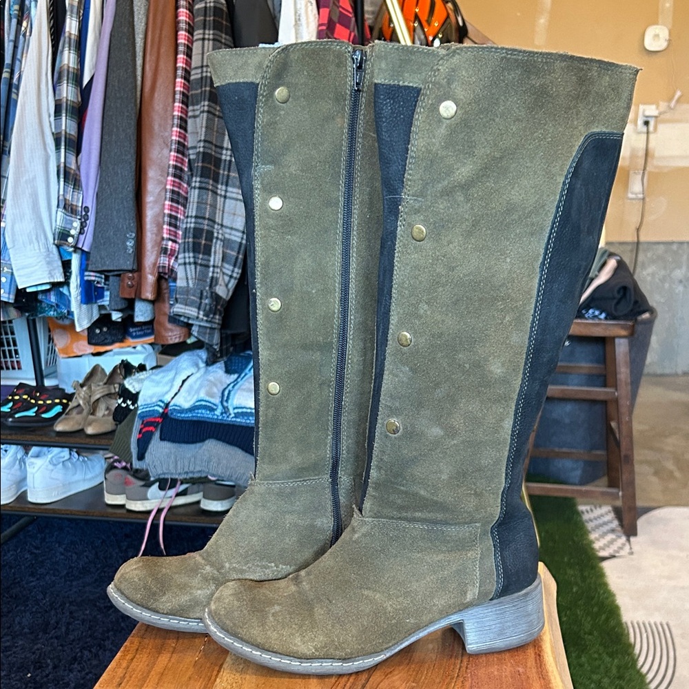 Papucei Suede Over the Knee Boots in Olive and Black